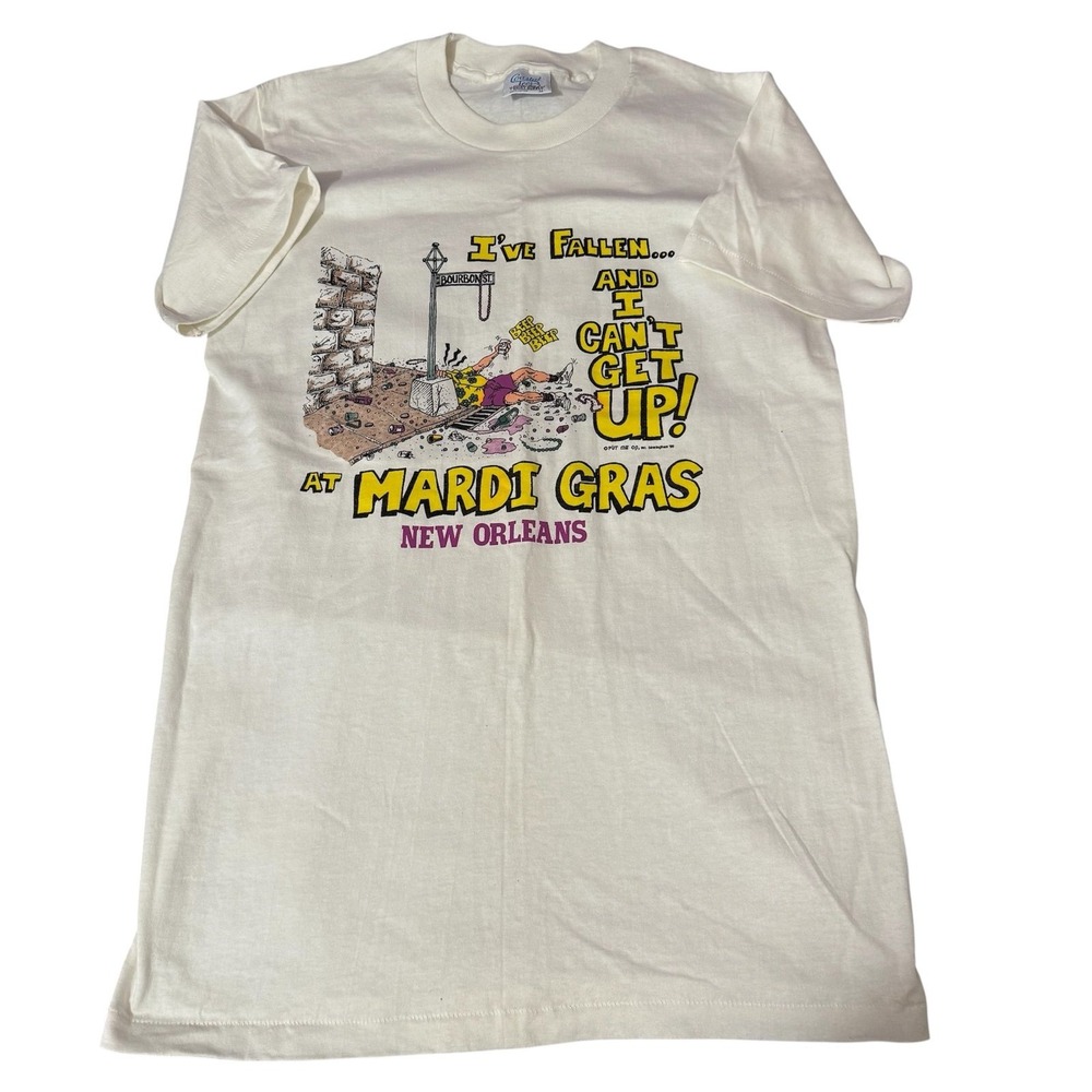 Vintage Mardi Gras "I've fallen and I can't‎ get up" put me on inc 1990 size M